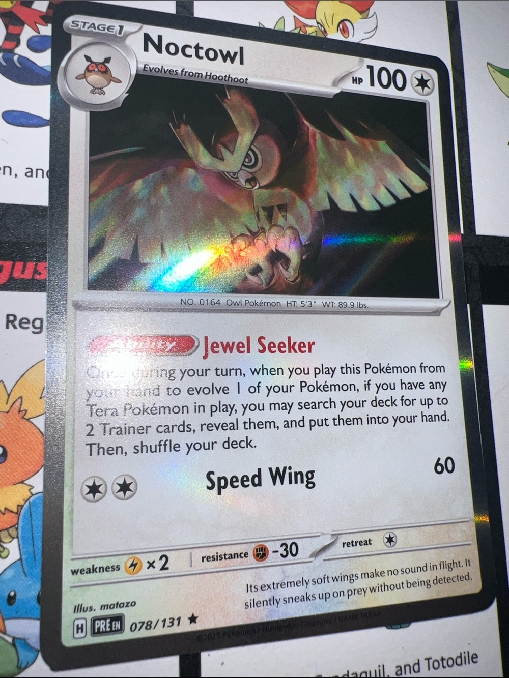 Pokemon Noctowl Holographic Trading Card - Black, White, Rainbow Foil